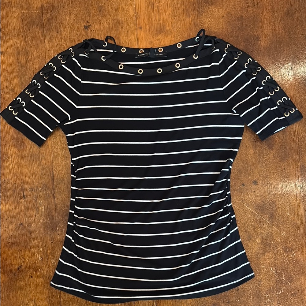 White House Black Market Black and White Fitted Sailor Collar Tee